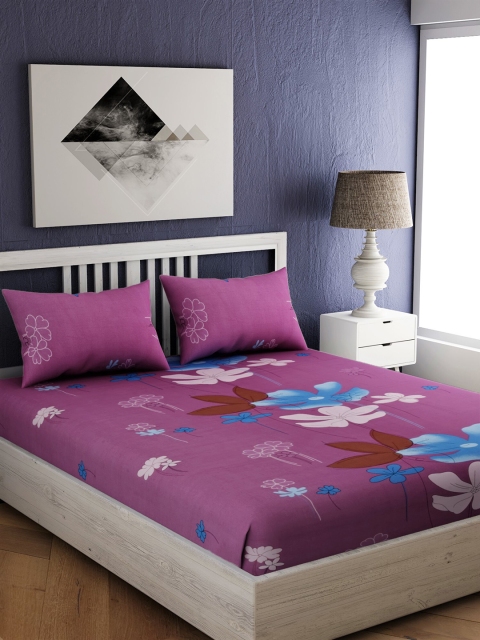 

EverHOME Purple Floral 210 TC Cotton 1 Queen Bedsheet with 2 Pillow Covers