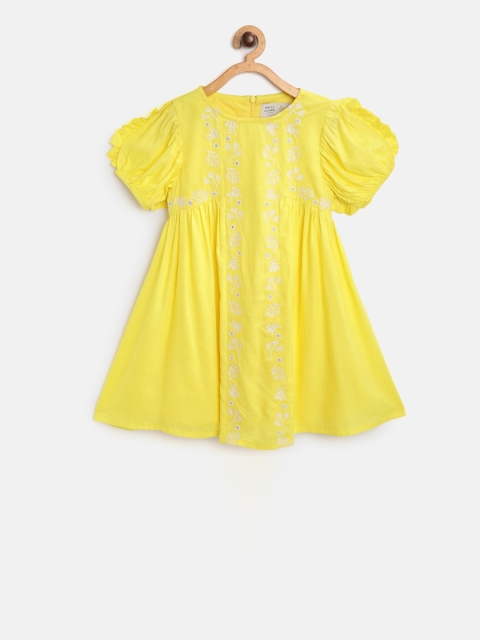 Cherry Crumble Girls Yellow Embroidered A-Line Dress