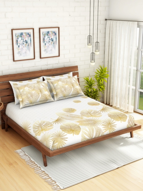 

SPACES Gold-Toned Floral 400 TC Cotton 1 King Bedsheet with 4 Pillow Covers