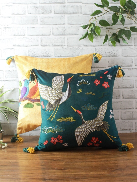 

eyda Yellow & Green Set of 2 Floral Square Cushion Covers