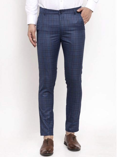 

JAINISH Men Navy Blue Smart Slim Fit Checked Formal Trousers