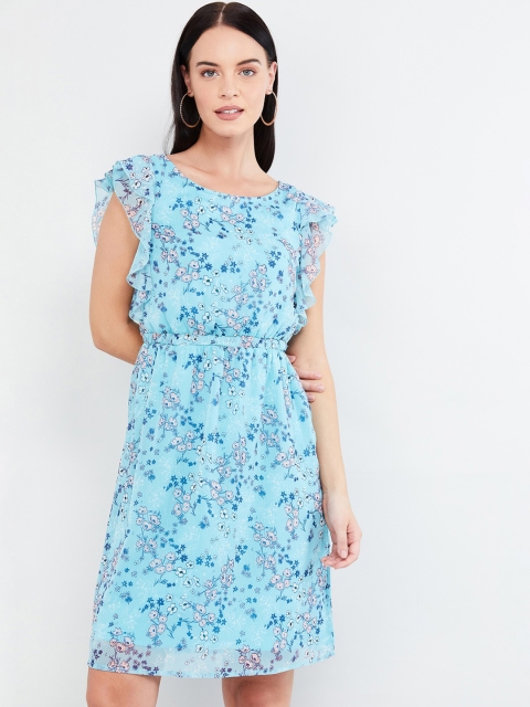 

max Women Blue Floral Printed Fit and Flare Dress