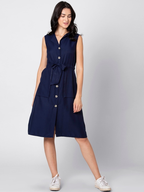 

FabAlley Women Navy Blue Solid Shirt Dress