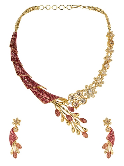 

ANIKAS CREATION Gold-Plated & Red American Diamond Studded Jadau Enamelled Designer Jewellery Set