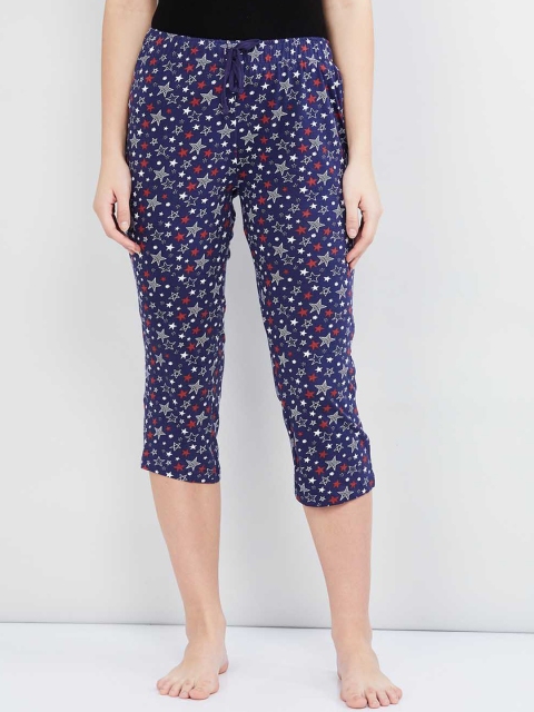 max Women Blue Printed Lounge Capris, Navy blue