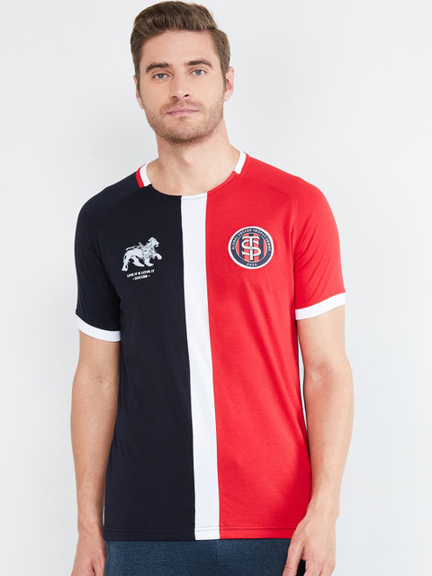 

max Men Red Colourblocked Mandarin Collar T-shirt