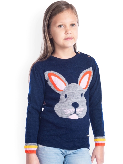 

Cherry Crumble Girls Navy Blue Printed Pullover Sweater
