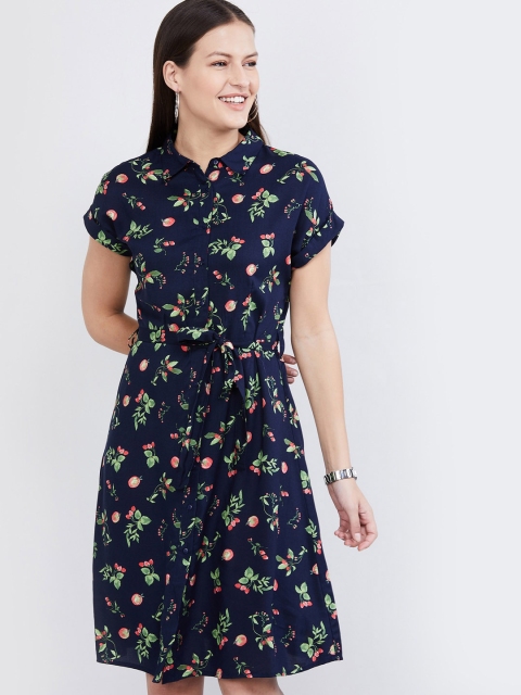 

max Women Navy Blue Printed Shirt Dress
