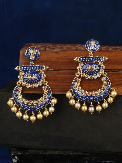 

ANIKAS CREATION Navy Blue & Gold Classic Drop Earrings