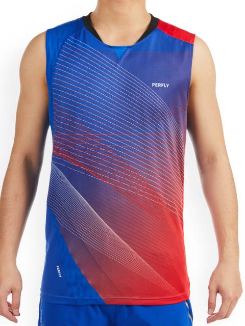 

PERFLY By Decathlon Men Blue & Red Striped Round Neck T-shirt