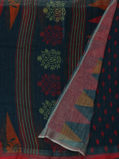 

Pothys Navy Blue & Red Pure Linen Printed Saree