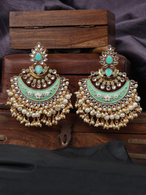 

ANIKAS CREATION Sea Green & Gold-Plated Meenakari Classic Chandbalis