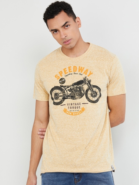 

max Men Yellow Printed Round Neck T-shirt