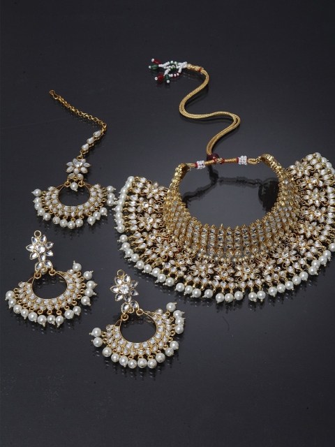 

Shining Diva Gold-Plated White kundan Studded & Beaded Antique Jewellery Set