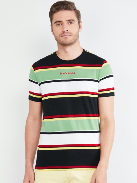 

max Men White & Black Striped Round Neck T-shirt