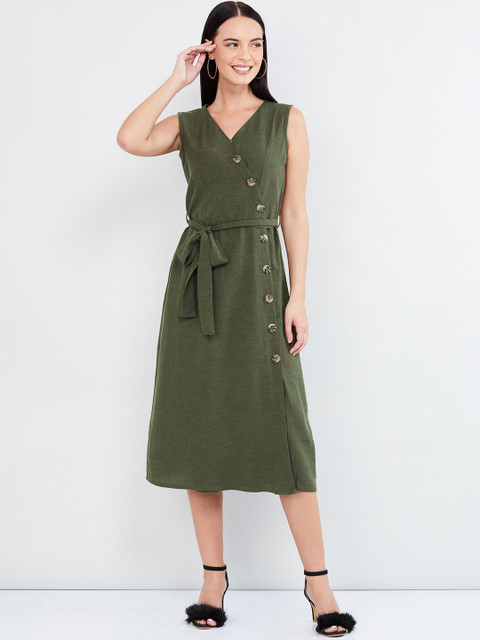 

max Women Olive Green Solid Wrap Dress