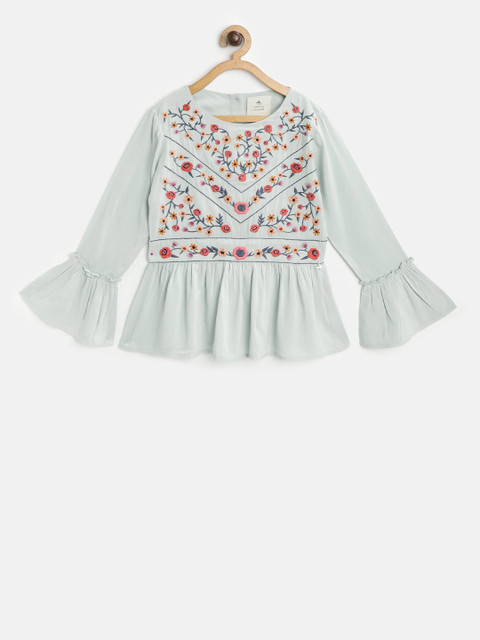 

Cherry Crumble Girls Green Embroidered Peplum Top