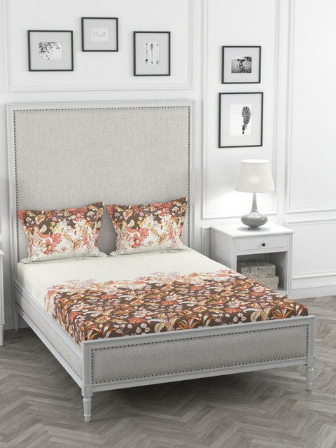 

Portico New York Off-White & Orange Floral 144 TC Cotton 1 King Bedsheet with 2 Pillow Covers