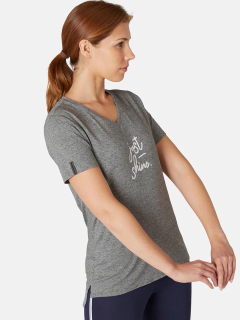 

NYAMBA By Decathlon Women Grey Melange & White Printed V-Neck T-shirt