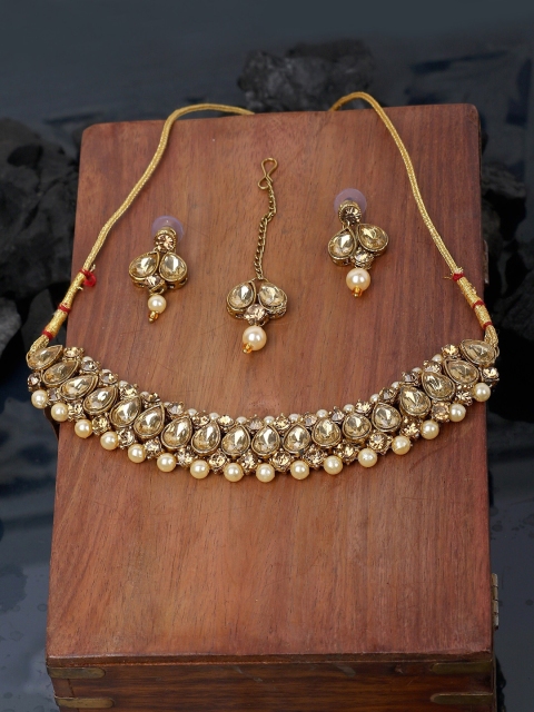 

ANIKAS CREATION Gold-Plated Beige Kundan-Studded & Beaded Handcrafted Jewellery Set