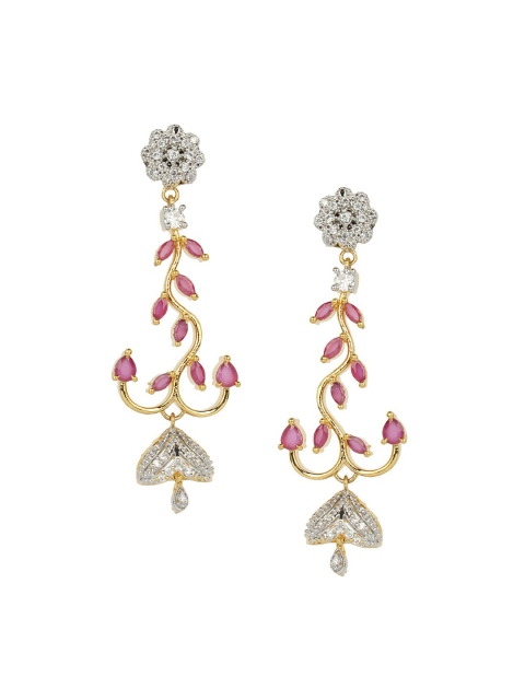 

ANIKAS CREATION Magenta & Silver-Toned Floral Drop Earrings