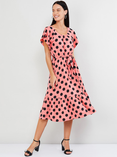 

max Women Pink & Black Polka Dot Print Fit and Flare Dress