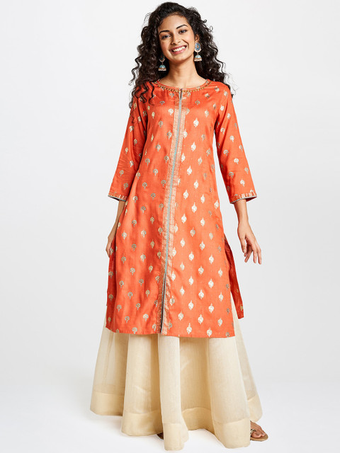 

Global Desi Women Orange & Gold-Toned Woven Design A-Line Kurta