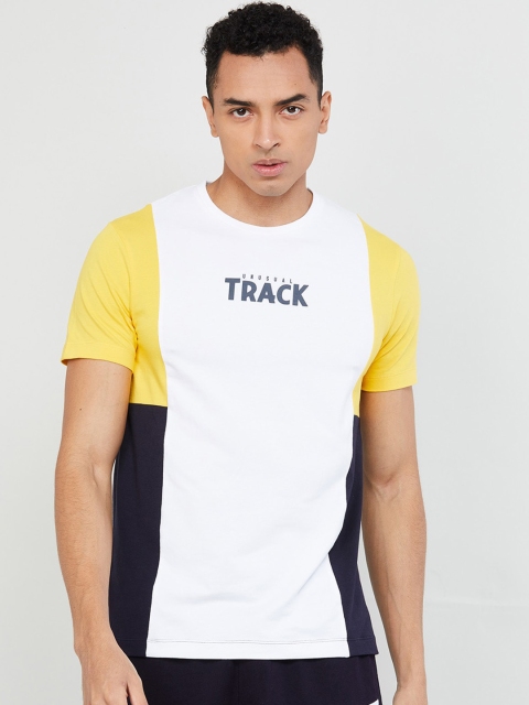 

max Men White & Yellow Colourblocked Round Neck T-shirt