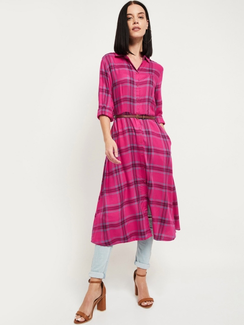 

MAX Women Magenta Checked Shirt Tunic With Detachable Belt