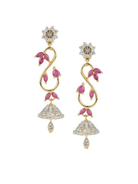 

ANIKAS CREATION Gold-Plated & Pink American Diamond Stone Studded Floral Jhumkas