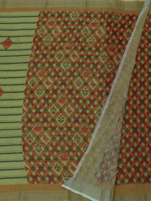 

Pothys Green & Red Pure Linen Printed Saree