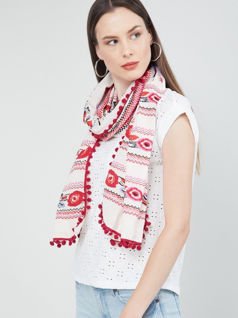 

max Women White & Red Printed Scarf with Tasselled Border
