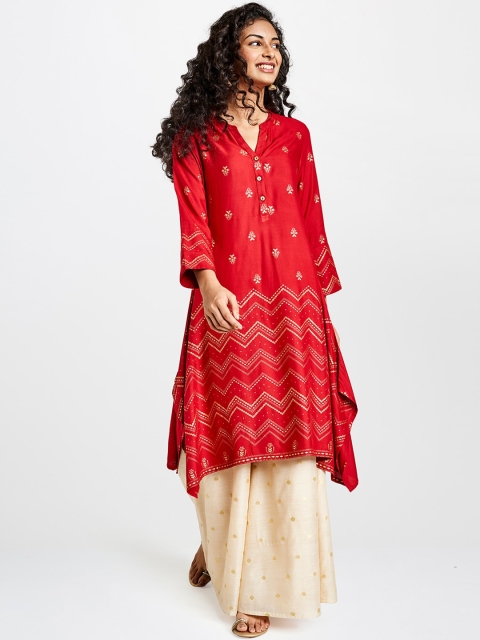 

Global Desi Women Red Woven Design A-Line Kurta