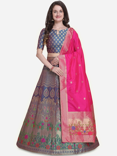 

Stylee LIFESTYLE Navy Blue & Pink Woven Design Semi-Stitched Lehenga & Unstitched Blouse with Dupatta
