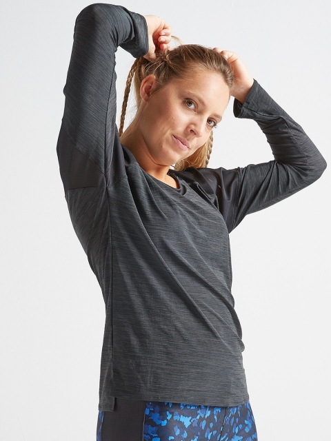 

Domyos by Decathlon Women Grew & Black Full Sleeved Loose-Fit Gym T-shirt, Charcoal