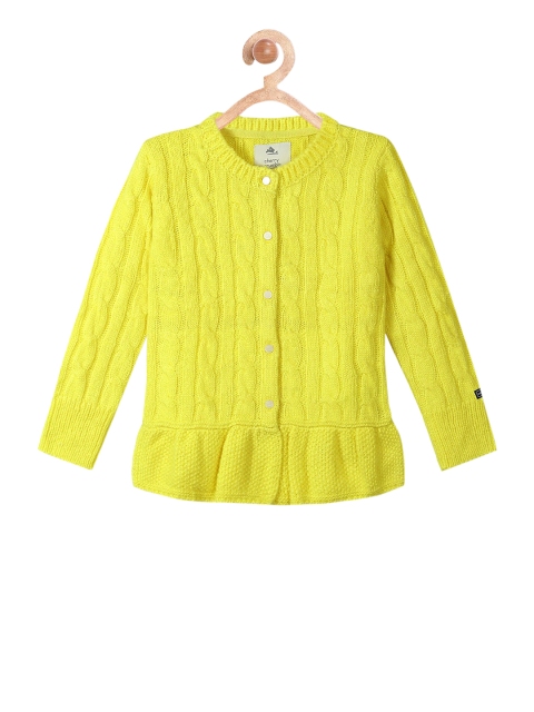 

Cherry Crumble Girls Yellow Self Design Cardigan Acrylic Sweater