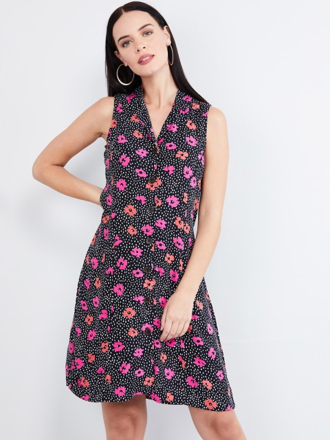 

max Women Black & Pink Floral Printed Shirt Dress