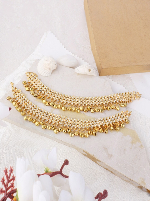 

ANIKAS CREATION Set Of 2 Gold-Plated White Stone & Pearl Studded Anklets