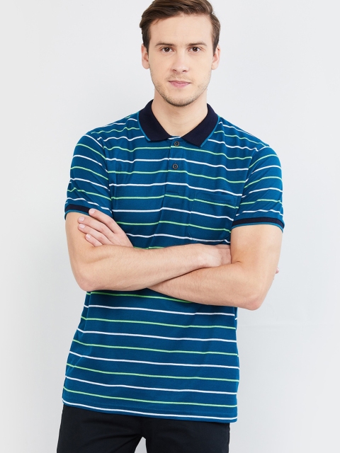 

max Men Blue Striped Polo Collar T-shirt