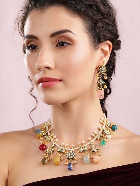 

rubans LUXURY 22K Gold-Plated White Kundan-Studded Beaded Handcrafted Jewellery Set