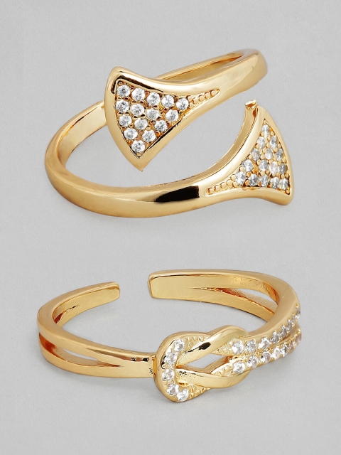 

Rubans Set of 2 Gold-Plated & White Handcrafted CZ Stone-Studded Adjustable Rings
