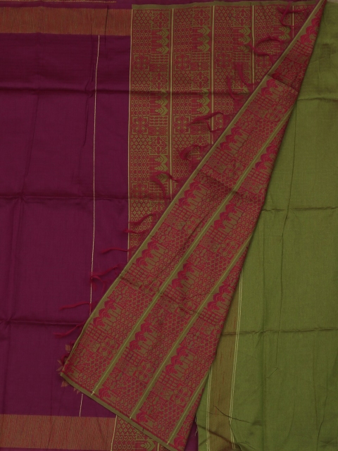 

Pothys Violet & Green Jute Silk Colourblocked Saree