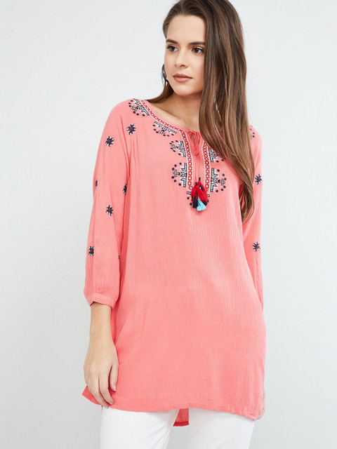 

max Women's Coral & Navy Blue Embroidered Tunic