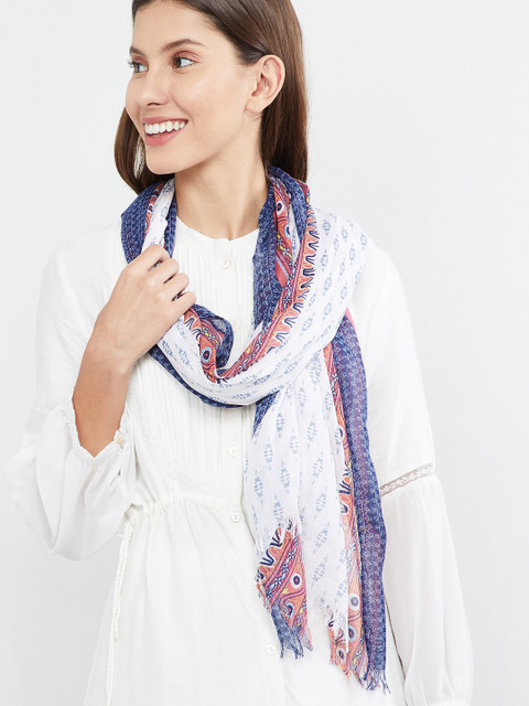 

max Women White & Blue Printed Scarf