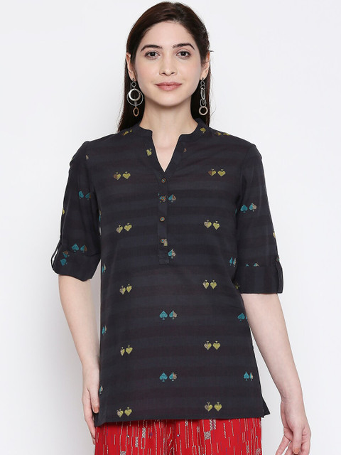 

AKKRITI BY PANTALOONS Women Charcoal Grey & Yellow Self Design Tunic
