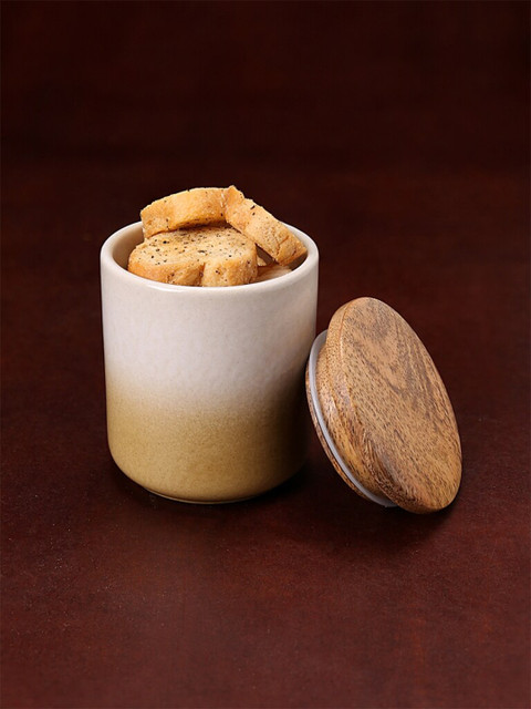 

elementary Off White & Mustard Yellow Dishwasher Safe Ceramic Jar with Wooden Lid
