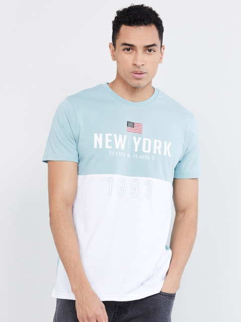 

max Men Blue & White Printed Round Neck T-shirt