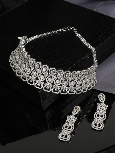 

ANIKAS CREATION Silver-Plated White American Diamond-Studded Jadau Jewellery Set