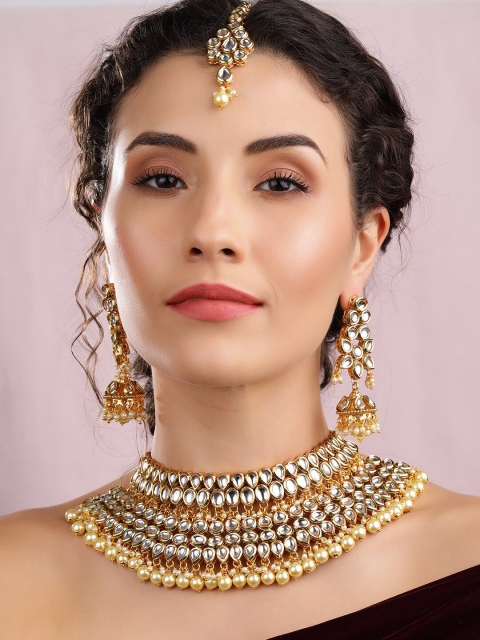 

Rubans 22K Gold-Plated White & Beige Kundan-Studded Beaded Wedding Jewellery Set