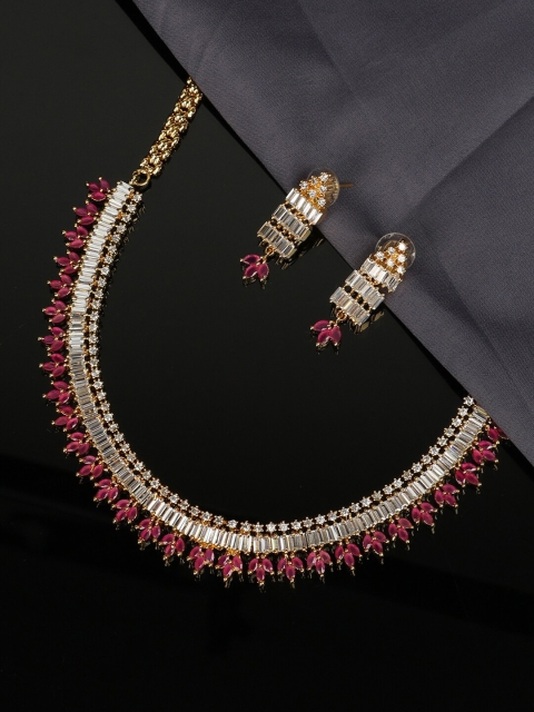 

ANIKAS CREATION Gold-Plated & Magenta Pink American Diamond Studded Jadau Designer Jewellery Set